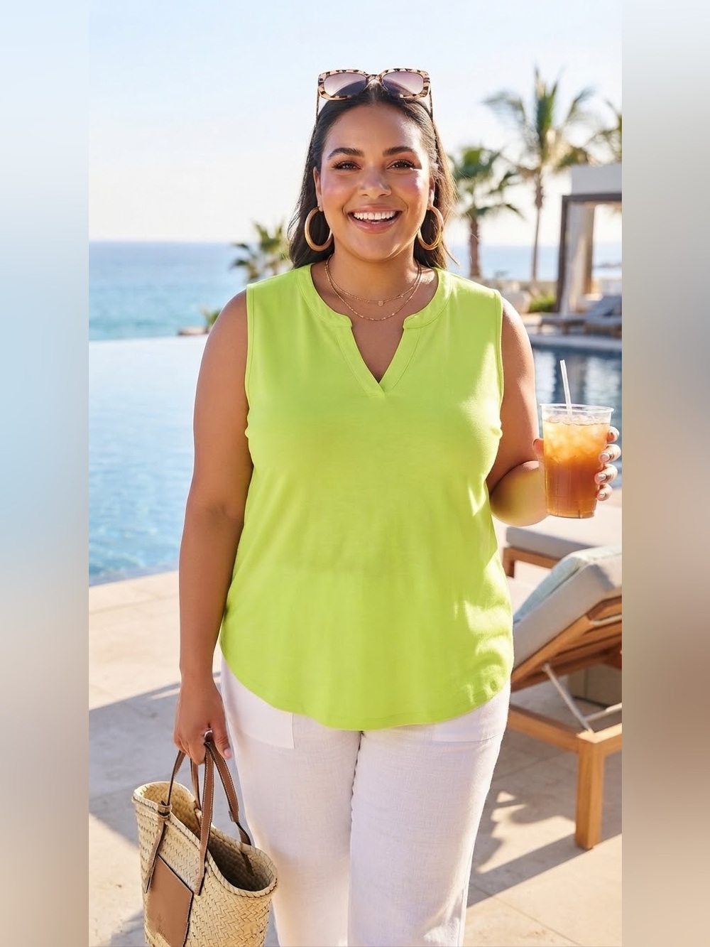 SIZE 1X Denim & Co.® NEW Women's Lime Green Notch V-Neck Sleeveless Top